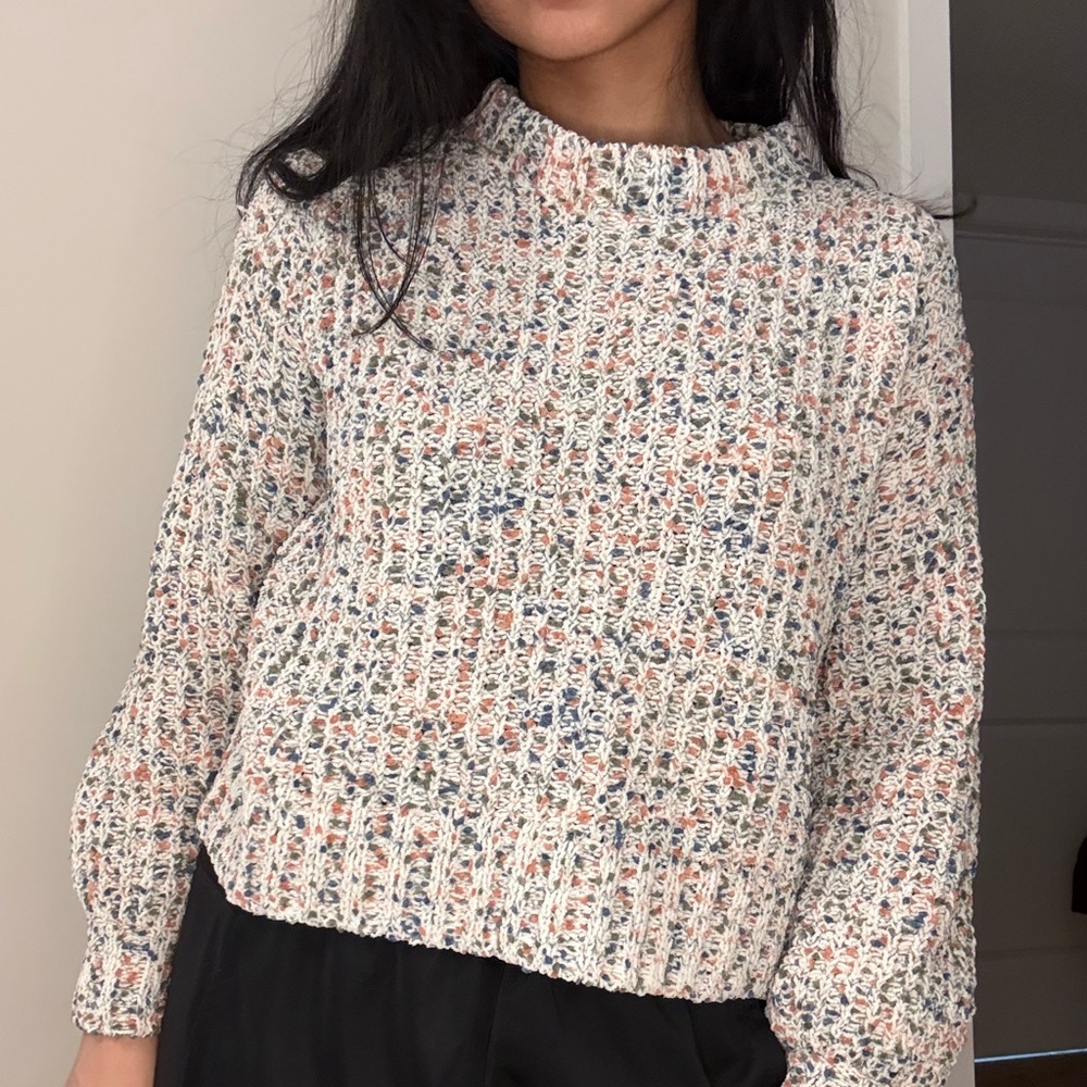 Pink Rose Textured Knit Sweater - White, Blue, Pink